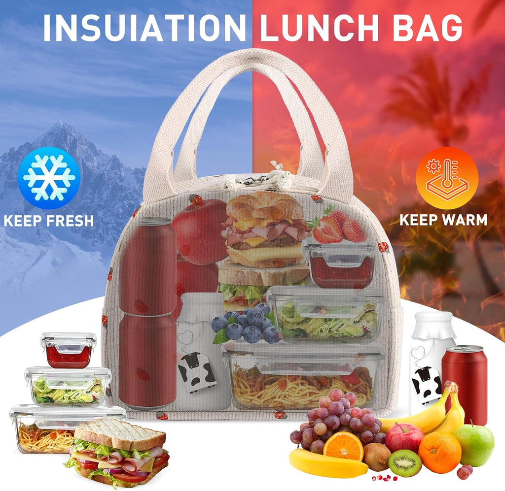 Lunch Bag for Women Girl Cute Strawberry Corduroy Lunch Tote Bags Leakproof Lunch Box Bag Large Capacity Reusable Insulated Cooler Lunch Container for Work, School, Travel or Picnic