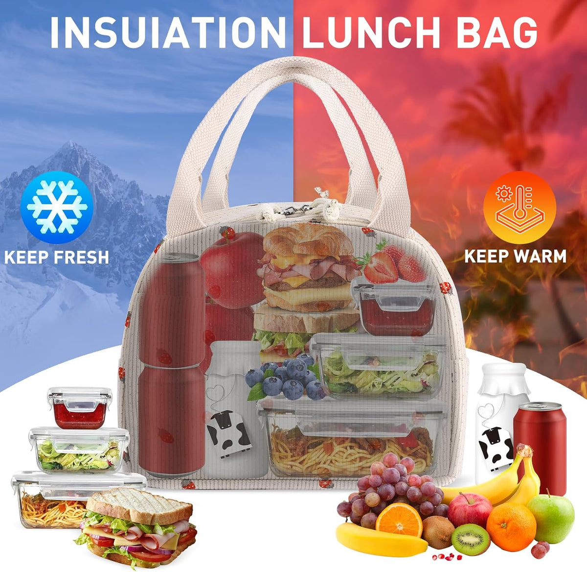Lunch Bag for Women Girl Cute Strawberry Corduroy Lunch Tote Bags Leakproof Lunch Box Bag Large Capacity Reusable Insulated Cooler Lunch Container for Work, School, Travel or Picnic