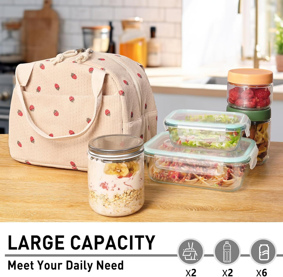 Lunch Bag for Women Girl Cute Strawberry Corduroy Lunch Tote Bags Leakproof Lunch Box Bag Large Capacity Reusable Insulated Cooler Lunch Container for Work, School, Travel or Picnic