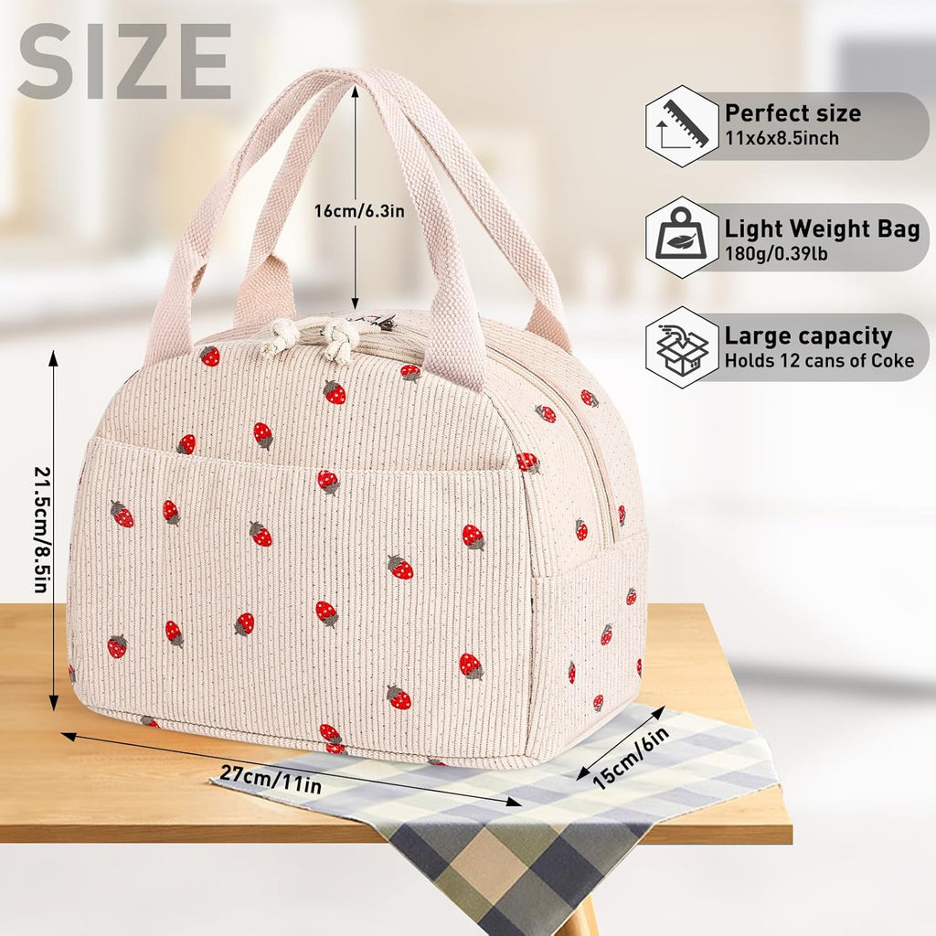 Lunch Bag for Women Girl Cute Strawberry Corduroy Lunch Tote Bags Leakproof Lunch Box Bag Large Capacity Reusable Insulated Cooler Lunch Container for Work, School, Travel or Picnic