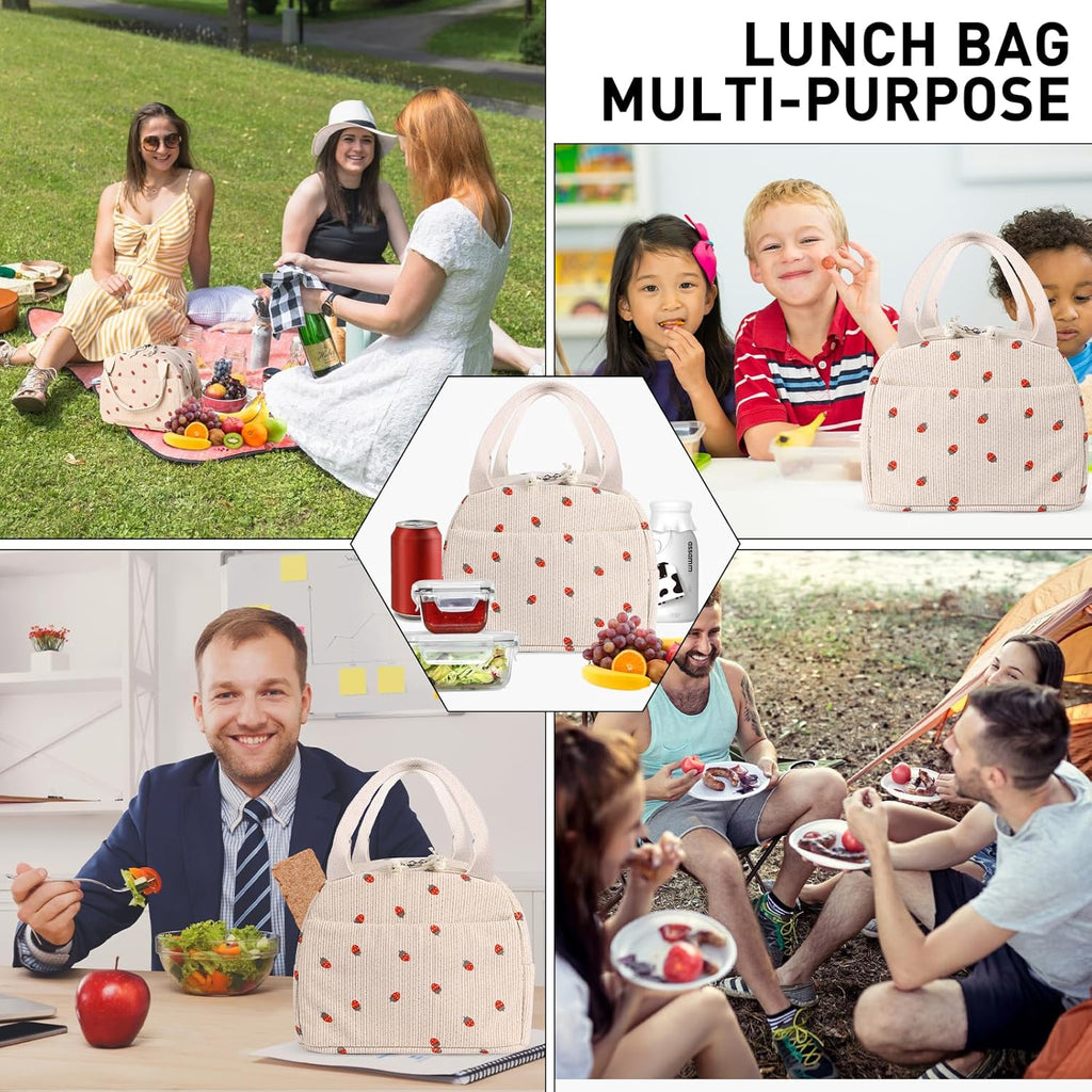 Lunch Bag for Women Girl Cute Strawberry Corduroy Lunch Tote Bags Leakproof Lunch Box Bag Large Capacity Reusable Insulated Cooler Lunch Container for Work, School, Travel or Picnic