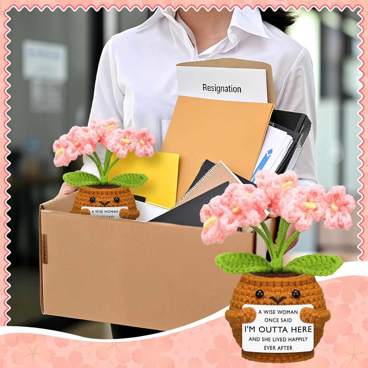 Coworker Leaving Gifts for Women Men, Positive Flower Doll Crochet with Card Funny Farewell Going Away Goodbye Coworkers Employee Teacher Friends Retirement(Cute Style) -