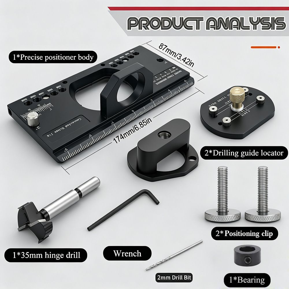 Hidden Hinge Drilling Jig Template Locator for Cabinet Door Installation, Adjustable Punch Positioner Tool with Multi-Spec Screw Hole Guidance for Woodworking Projects (Black)