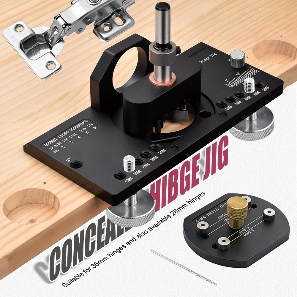 Hidden Hinge Drilling Jig Template Locator for Cabinet Door Installation, Adjustable Punch Positioner Tool with Multi-Spec Screw Hole Guidance for Woodworking Projects (Black)