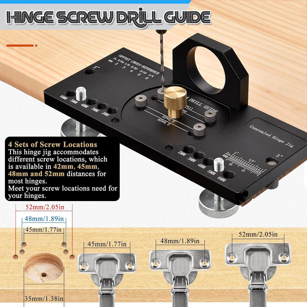 Hidden Hinge Drilling Jig Template Locator for Cabinet Door Installation, Adjustable Punch Positioner Tool with Multi-Spec Screw Hole Guidance for Woodworking Projects (Black)