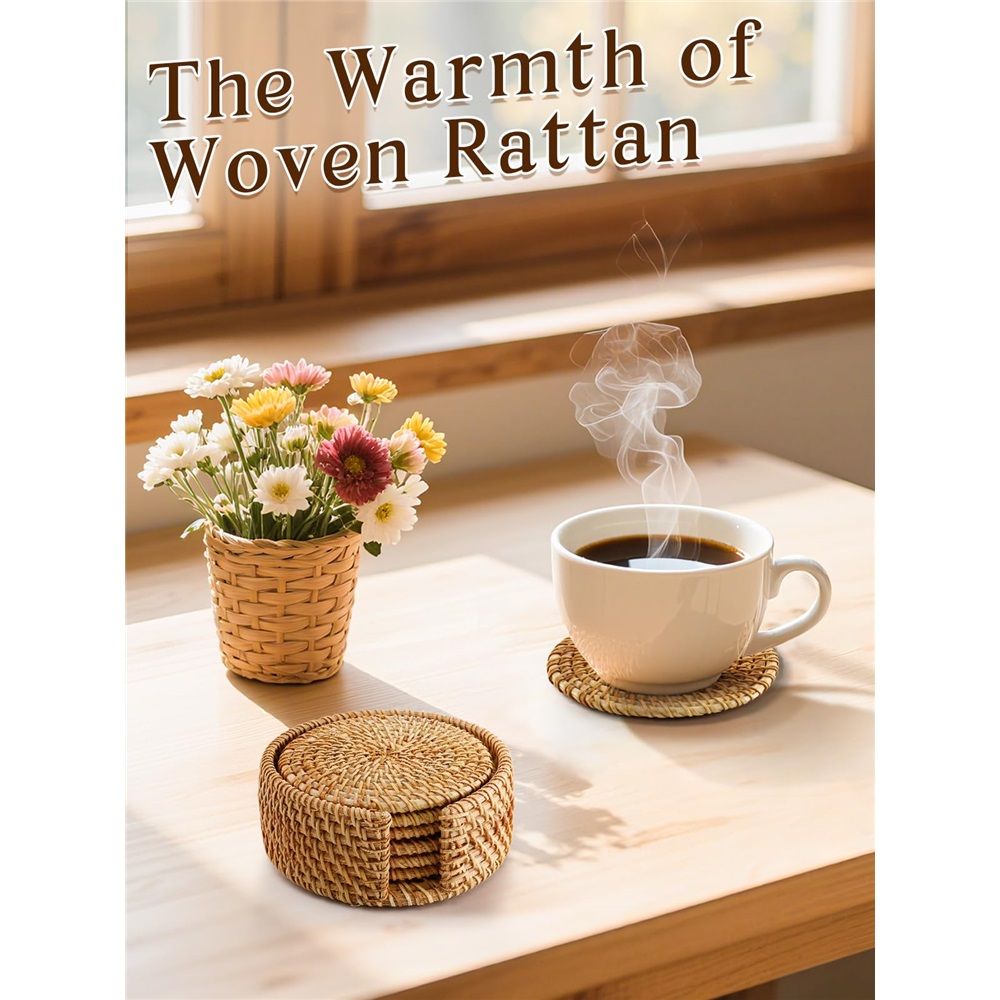 6pcs Natural Handmade Rattan Coasters with Holder - Wicker Drink Coasters Set for Protecting Table, Housewarming Gifts Boho Home Decor