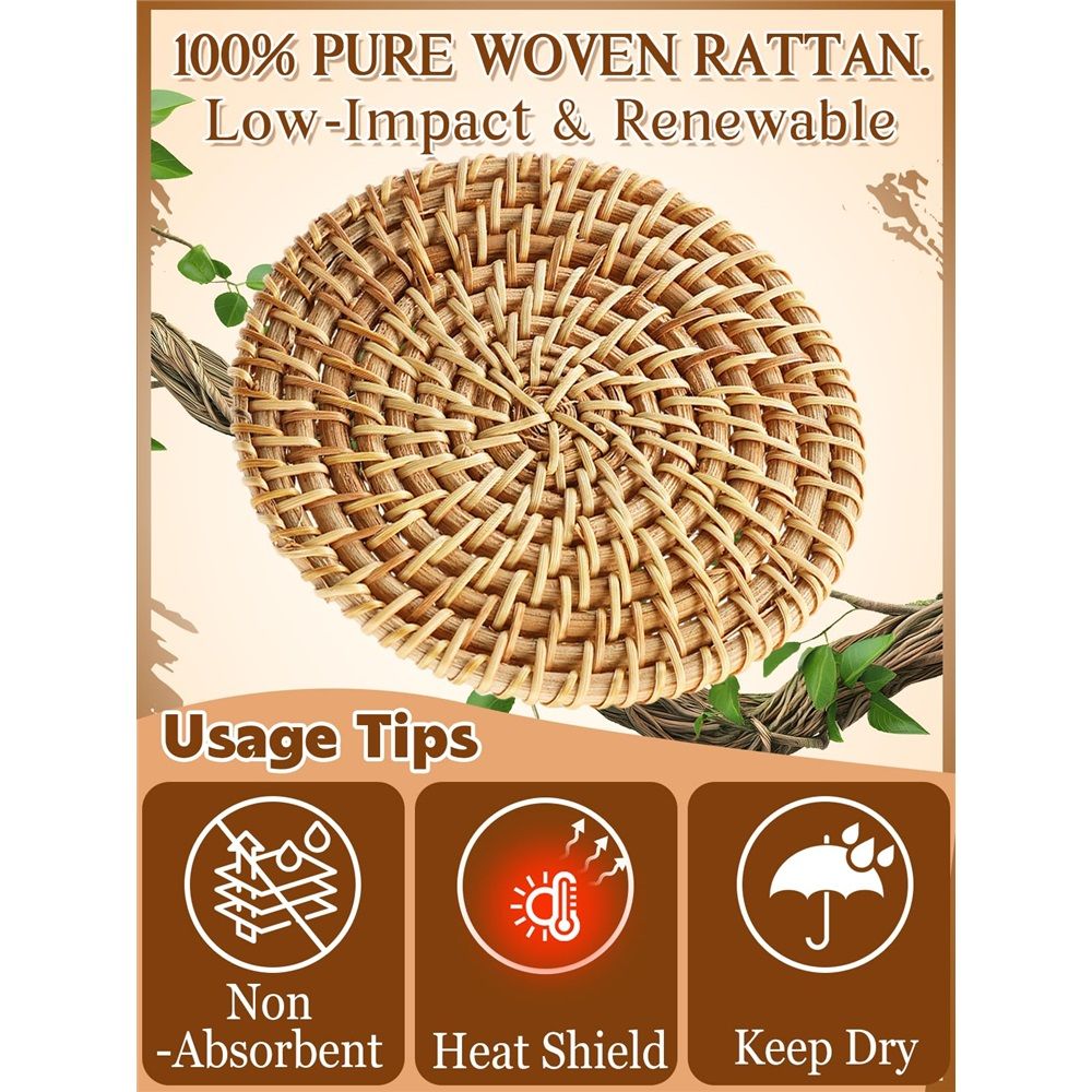6pcs Natural Handmade Rattan Coasters with Holder - Wicker Drink Coasters Set for Protecting Table, Housewarming Gifts Boho Home Decor