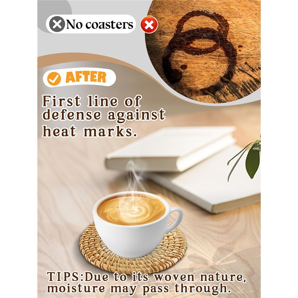 6pcs Natural Handmade Rattan Coasters with Holder - Wicker Drink Coasters Set for Protecting Table, Housewarming Gifts Boho Home Decor