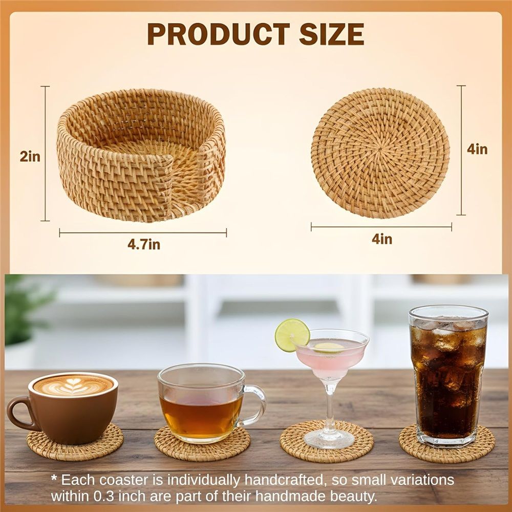 6pcs Natural Handmade Rattan Coasters with Holder - Wicker Drink Coasters Set for Protecting Table, Housewarming Gifts Boho Home Decor