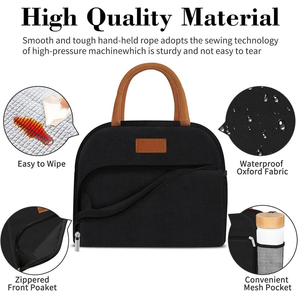 Insulated Lunch Bag for Women Men Adults Lunch Tote with Front Pocket Lunch Box Container Cooler Bag for Work Picnic (Black)