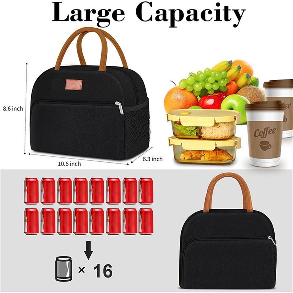 Insulated Lunch Bag for Women Men Adults Lunch Tote with Front Pocket Lunch Box Container Cooler Bag for Work Picnic (Black)