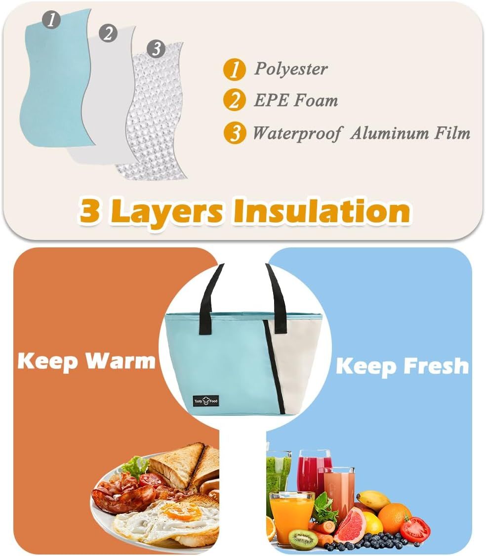 Lunch Bag for Women Men, Reusable Lunch Tote Lunch Box, Large Capacity Leakproof Lunch Tote Bags with Front (Light Blue)