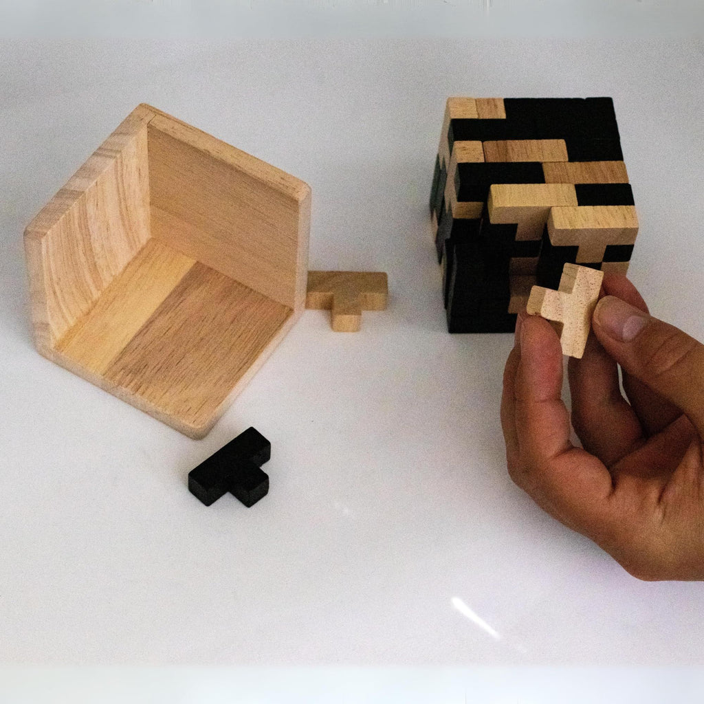 Wooden Brain Teaser Puzzle Cube: Cool Gadgets for Desk, Block Puzzles & Cube Puzzle for Adults and Teens | 54 T-Shaped Pieces