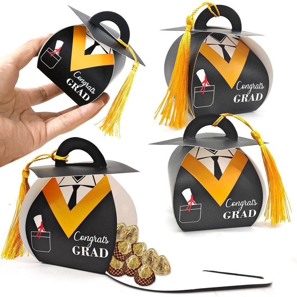30Pcs Graduation Cap Gift Box, Graduation Party Favors Decoratons Graduation Candy Boxes with Gold Tassel Treat Box Graduation