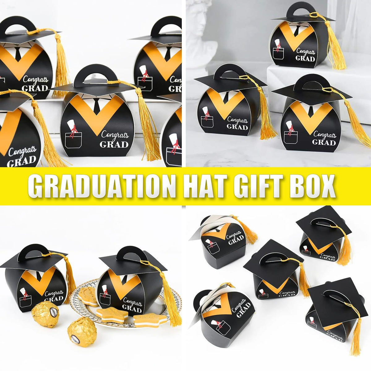 30Pcs Graduation Cap Gift Box, Graduation Party Favors Decoratons Graduation Candy Boxes with Gold Tassel Treat Box Graduation