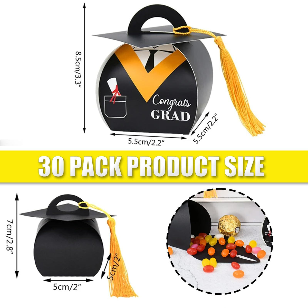 30Pcs Graduation Cap Gift Box, Graduation Party Favors Decoratons Graduation Candy Boxes with Gold Tassel Treat Box Graduation
