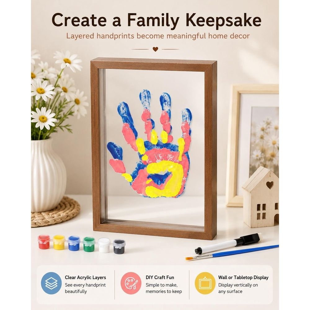 Wooden Transparent Handprint Frame DIY Craft Keepsake Kit Acrylic Boards Paint Pens Shadow Box Display Wall Tabletop Memory Gift for Families Couples Pets Grandparents Home Decor