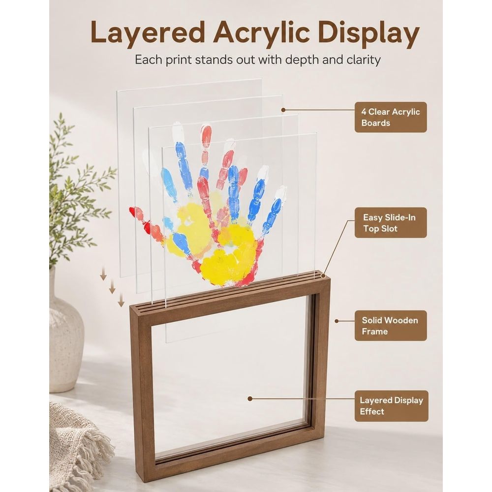 Wooden Transparent Handprint Frame DIY Craft Keepsake Kit Acrylic Boards Paint Pens Shadow Box Display Wall Tabletop Memory Gift for Families Couples Pets Grandparents Home Decor
