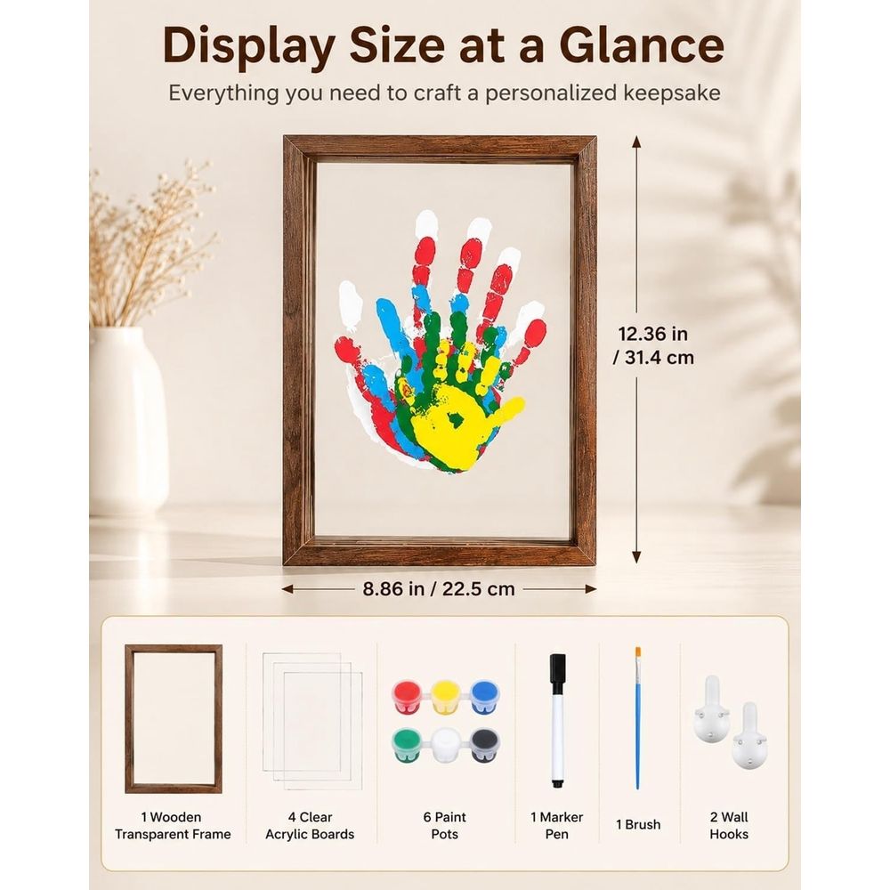 Wooden Transparent Handprint Frame DIY Craft Keepsake Kit Acrylic Boards Paint Pens Shadow Box Display Wall Tabletop Memory Gift for Families Couples Pets Grandparents Home Decor