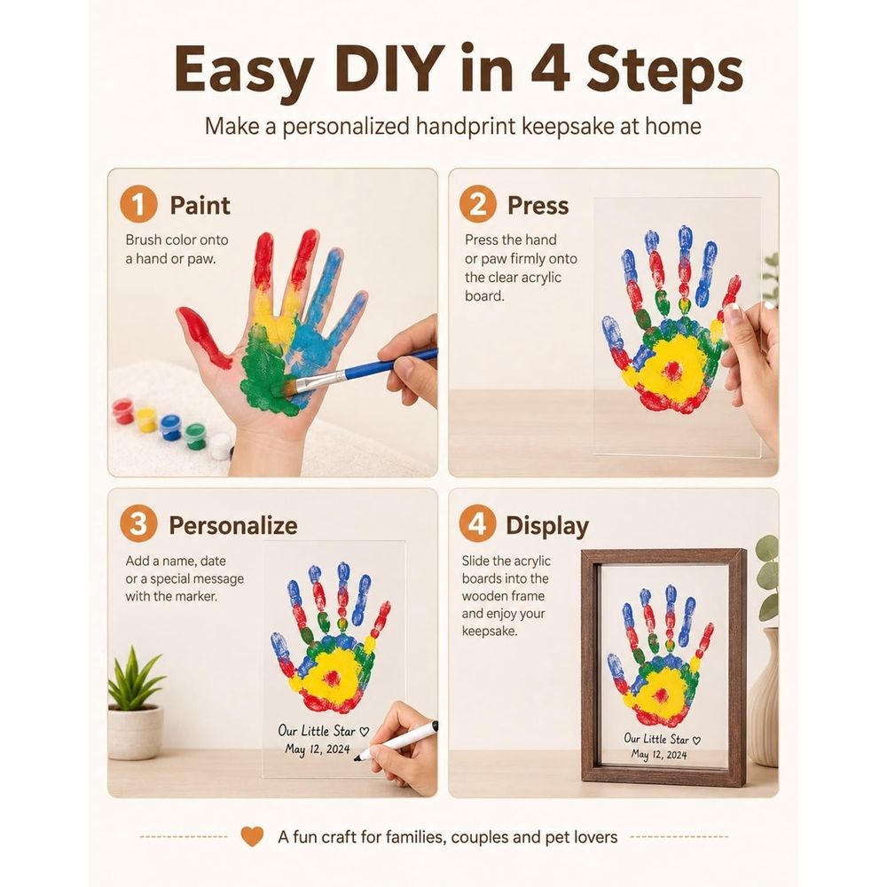 Wooden Transparent Handprint Frame DIY Craft Keepsake Kit Acrylic Boards Paint Pens Shadow Box Display Wall Tabletop Memory Gift for Families Couples Pets Grandparents Home Decor