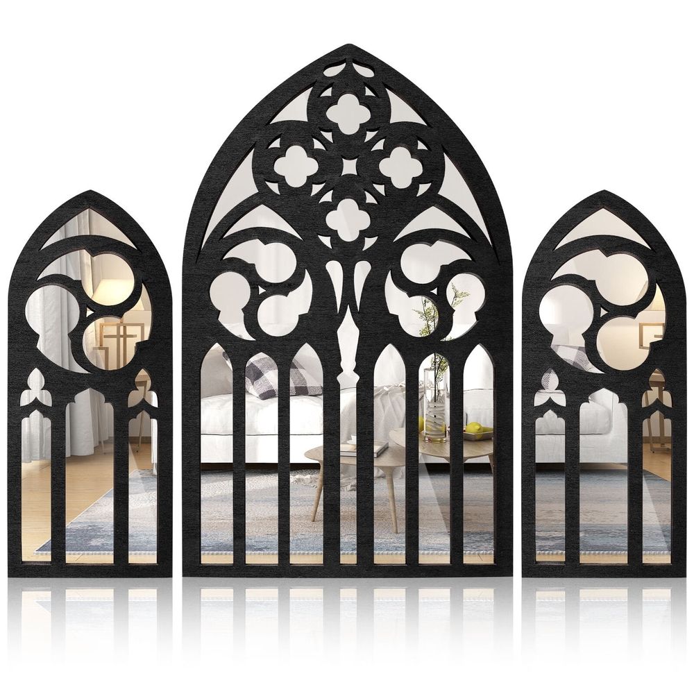 3Pcs Wall Arch Mirrors Set Gothic Wall Mirror Decor Cathedral Arched Mirror Decor Decorative Arched Wall Mirror for Living Room Bedroom Entryway Bathroom Vanity