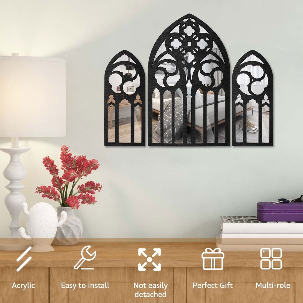 3Pcs Wall Arch Mirrors Set Gothic Wall Mirror Decor Cathedral Arched Mirror Decor Decorative Arched Wall Mirror for Living Room Bedroom Entryway Bathroom Vanity