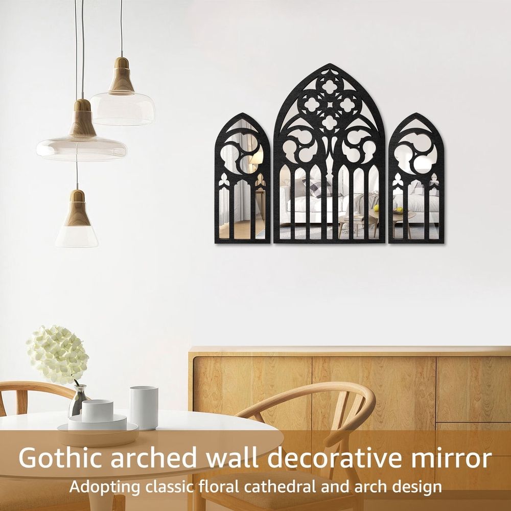 3Pcs Wall Arch Mirrors Set Gothic Wall Mirror Decor Cathedral Arched Mirror Decor Decorative Arched Wall Mirror for Living Room Bedroom Entryway Bathroom Vanity
