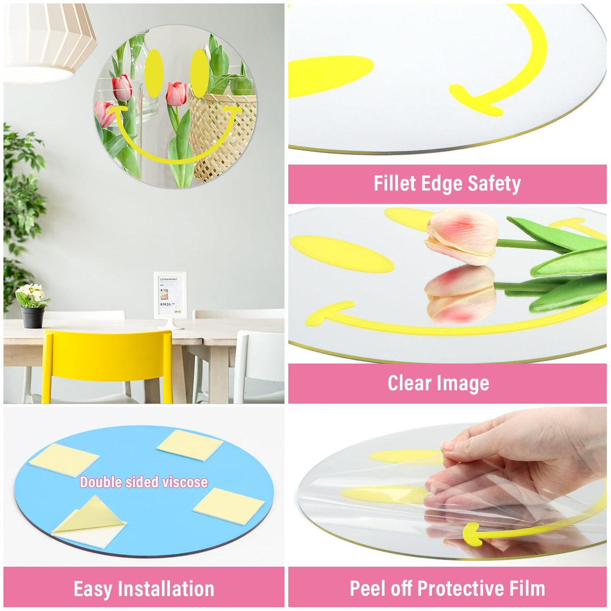 Yellow  Mirror 12 inch Smiling Face Mirror Decor Aesthetic Mirror for Teen Girls, Acrylic Mirror Tile Round Mirror Circle Wall