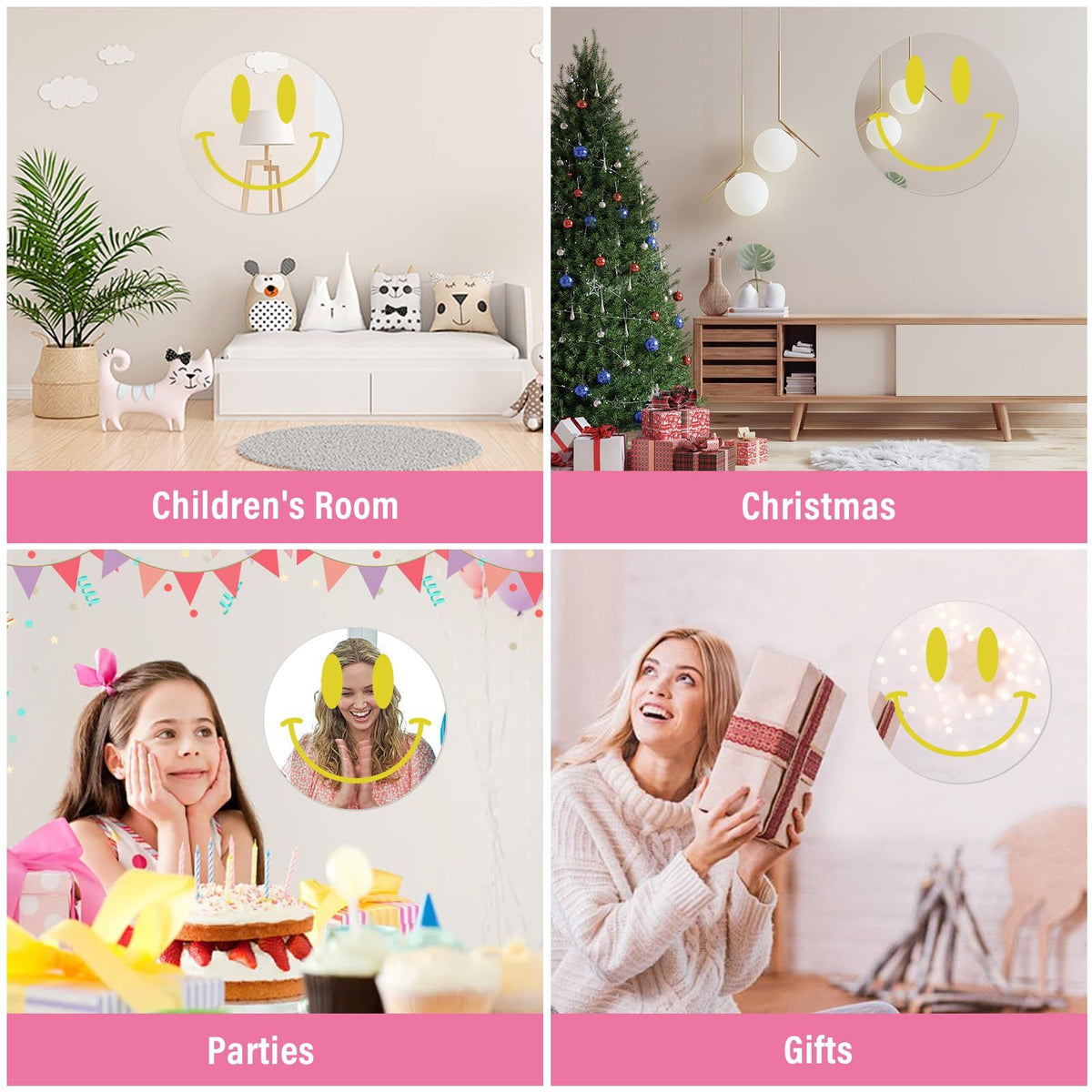 Yellow  Mirror 12 inch Smiling Face Mirror Decor Aesthetic Mirror for Teen Girls, Acrylic Mirror Tile Round Mirror Circle Wall