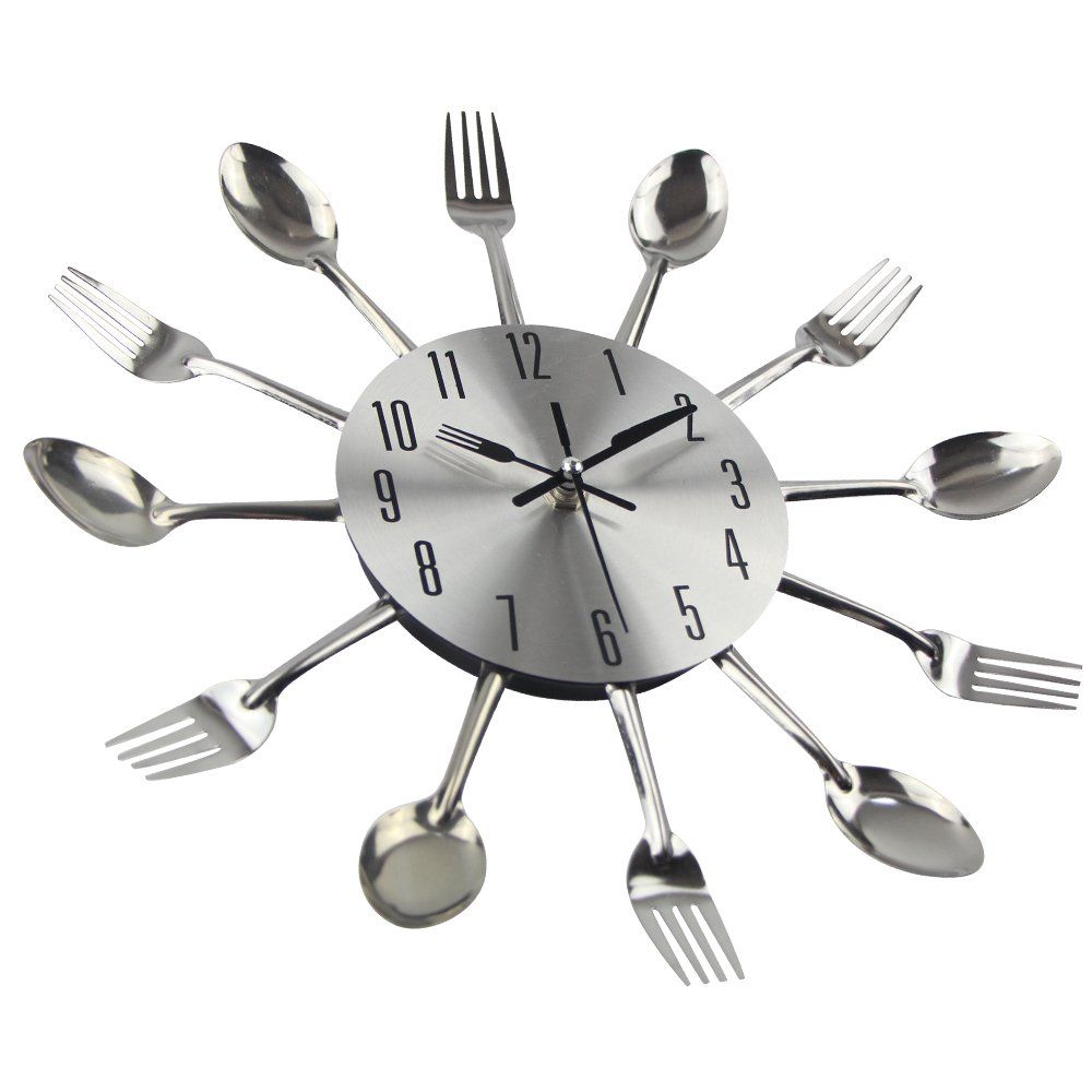 Cutlery Kitchen Wall Clocks with Fork and Spoon Dial, Silent Clock, Great Wall Decor and Nice Housewarming Gifts