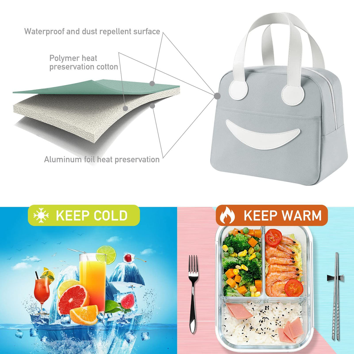 Portable Lunch Bag Mini Lunch Bag Insulated Bag Portable Cute Lunch Bag Outdoor Picnic Bag Ice Bag Outdoor Storage(Small,Grey)