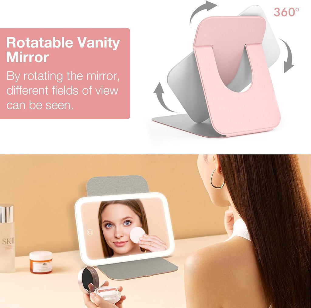 360° Rotating LED Makeup Mirror Rechargeable Travel Vanity Mirror with Mirror for Desk Lighted Compact Travel Mirror with