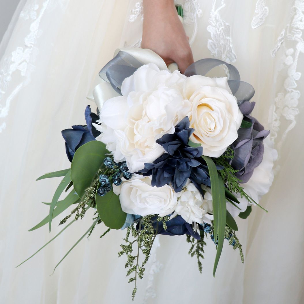 Wedding Bouquet Artificial Navy Blue Roses Flower Bride Bridal Bouquets Handmade Silk Flower Wedding Bride Bouquets for Church