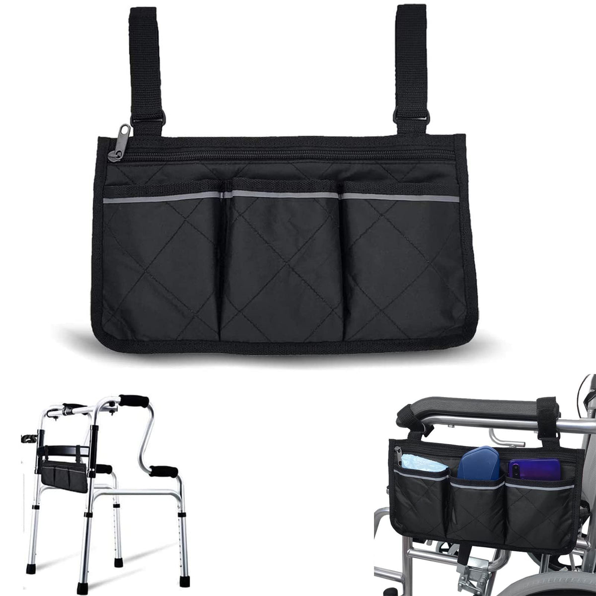 Wheelchair Armrest Accessories, Side Bags to Hang on Side with  Pouches Waterproof Black Storage Fathers Mothers (black side)