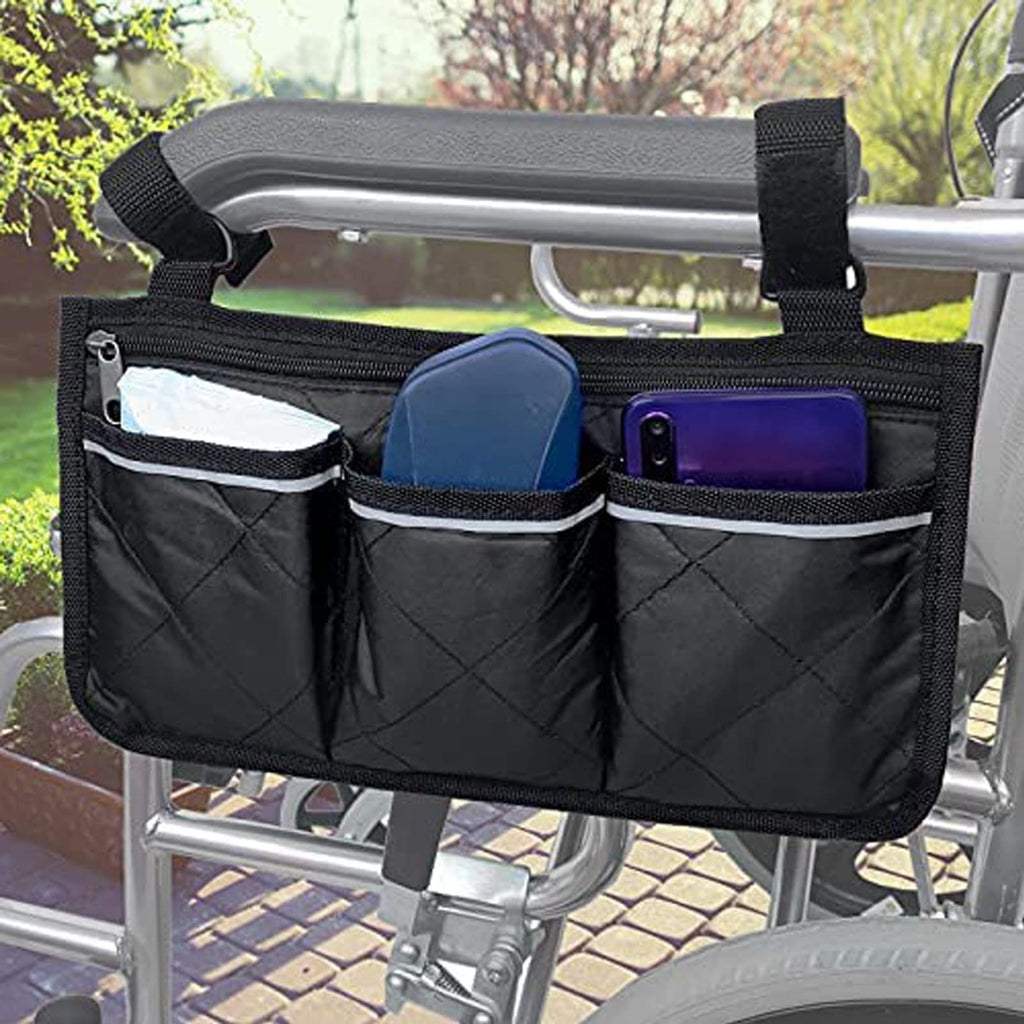 Wheelchair Armrest Accessories, Side Bags to Hang on Side with  Pouches Waterproof Black Storage Fathers Mothers (black side)