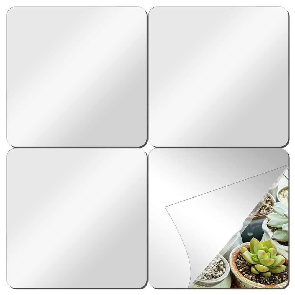 4 Pack Self Adhesive Acrylic Mirror, 8 x 8 Inch Mirror Tiles,Flexible Plastic Mirror Sheets Wall Stickers,2MM Thick Mirrors