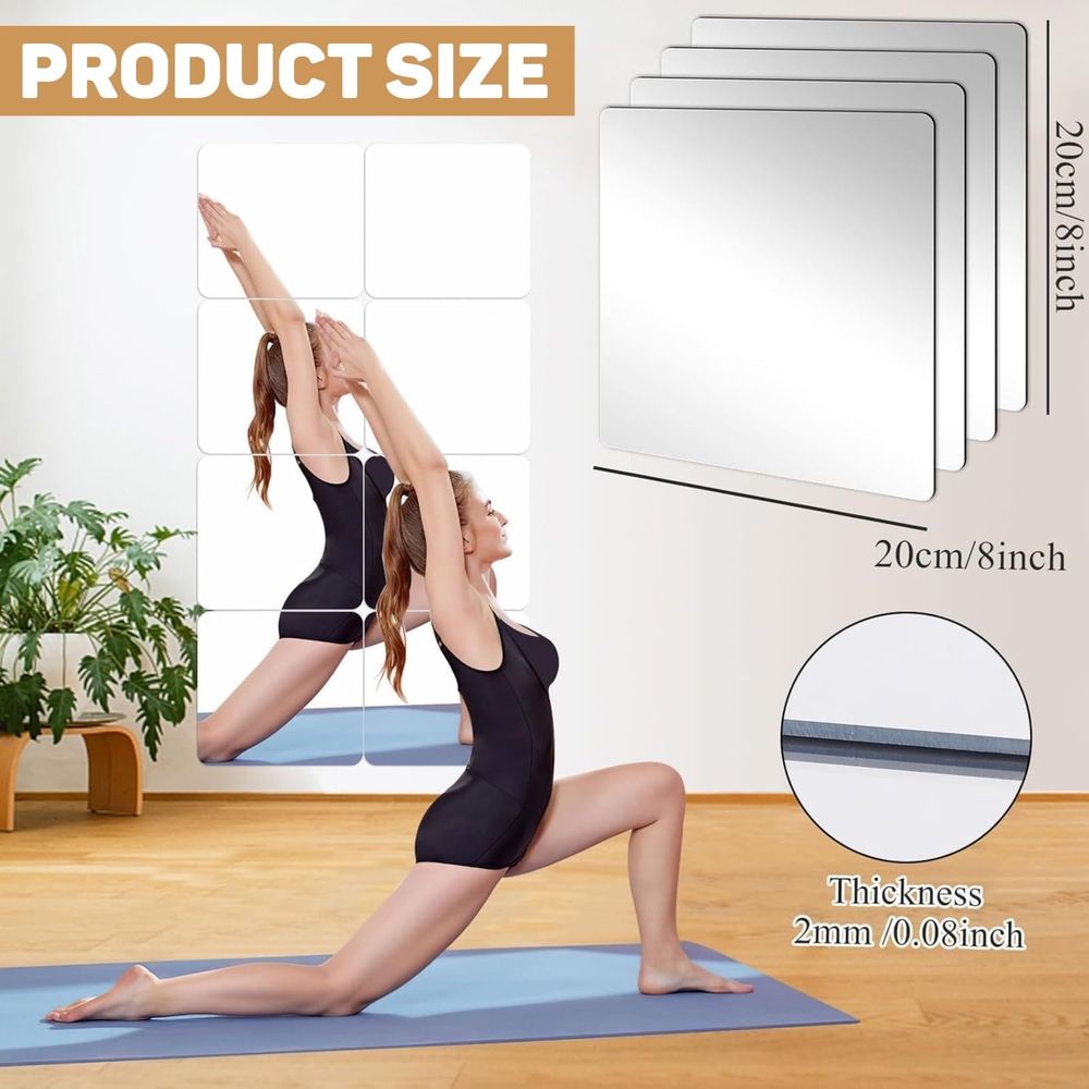 4 Pack Self Adhesive Acrylic Mirror, 8 x 8 Inch Mirror Tiles,Flexible Plastic Mirror Sheets Wall Stickers,2MM Thick Mirrors