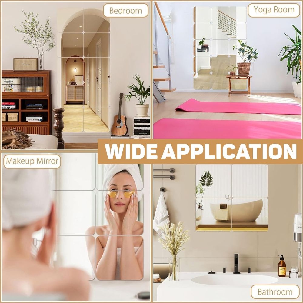 4 Pack Self Adhesive Acrylic Mirror, 8 x 8 Inch Mirror Tiles,Flexible Plastic Mirror Sheets Wall Stickers,2MM Thick Mirrors