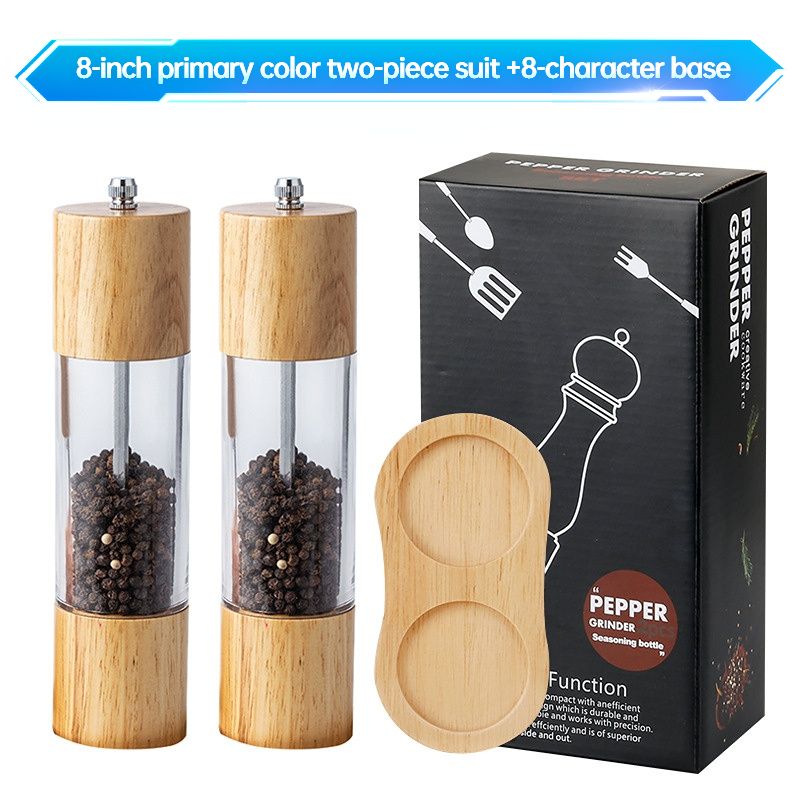 Retro wooden manual pepper grinder, large capacity, adjustable coarseness, ceramic core, no flavor mixing. 2-piece set with base—a kitchen essential!（Oak primary color）