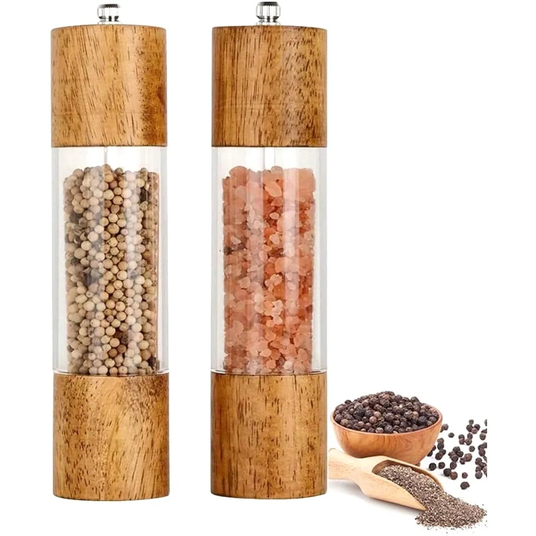 Retro wooden manual pepper grinder, large capacity, adjustable coarseness, ceramic core, no flavor mixing. 2-piece set with base—a kitchen essential!（Oak primary color）