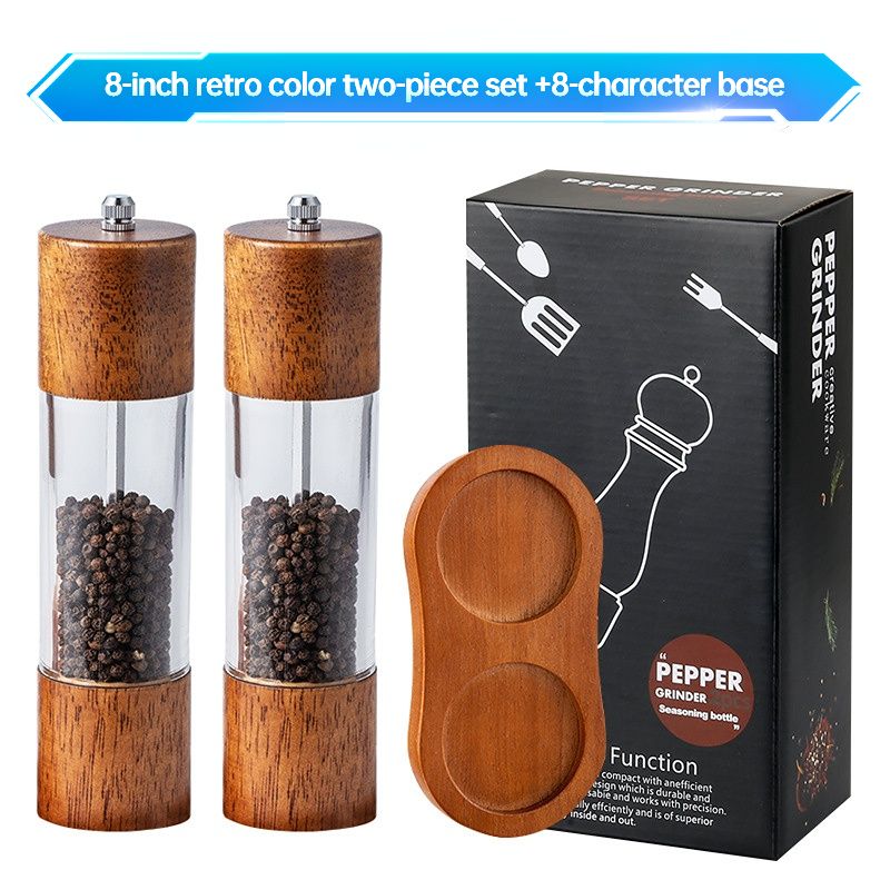 Retro wooden manual pepper grinder, large capacity, adjustable coarseness, ceramic core, no flavor mixing. 2-piece set with base—a kitchen essential!(Retro color)