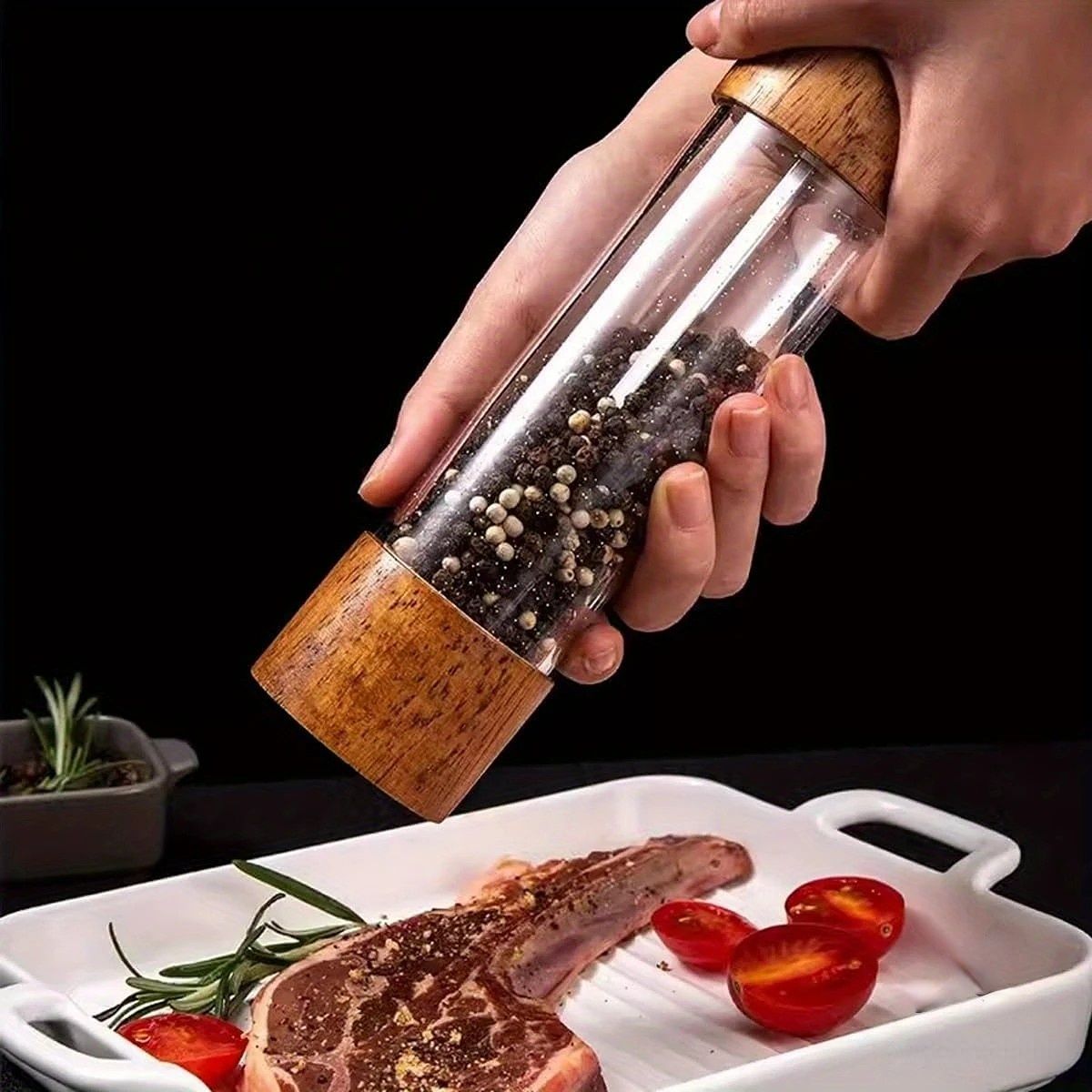 Retro wooden manual pepper grinder, large capacity, adjustable coarseness, ceramic core, no flavor mixing. 2-piece set with base—a kitchen essential!(Retro color)