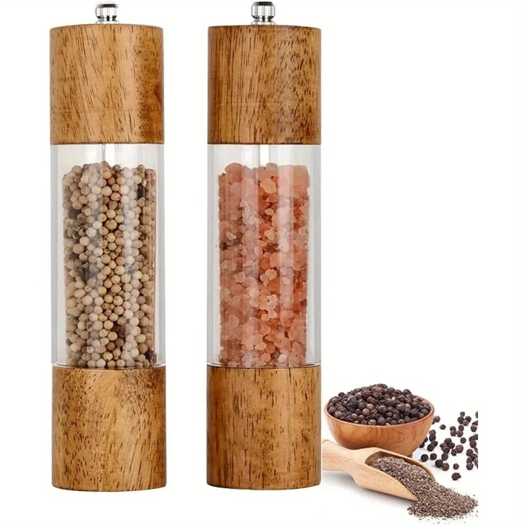 Retro wooden manual pepper grinder, large capacity, adjustable coarseness, ceramic core, no flavor mixing. 2-piece set with base—a kitchen essential!(Retro color)