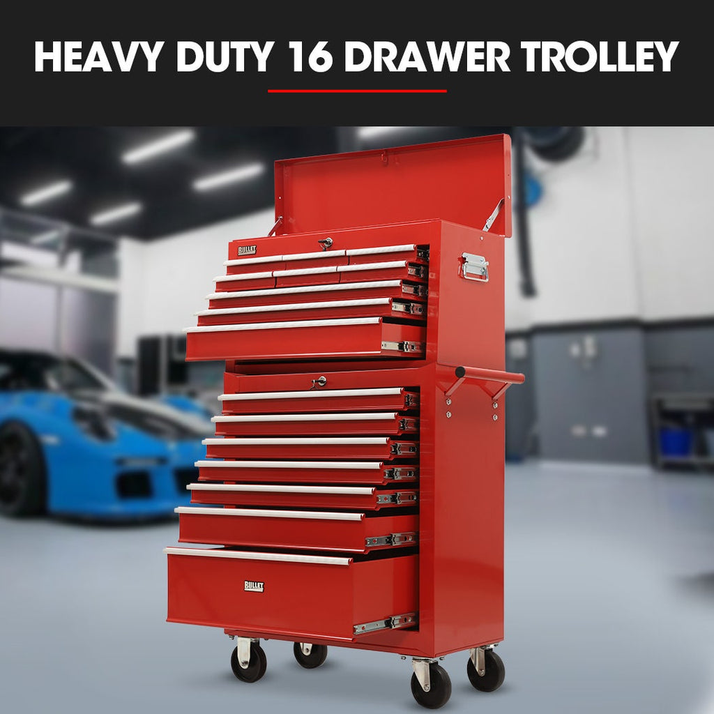 Bullet Pro 16 Drawer Tool Box Cabinet Chest Storage, Toolbox Garage Organiser Set, Red