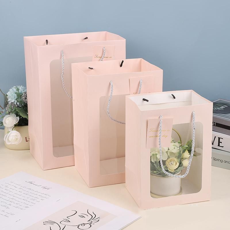 25x Thick Gift Bags with Transparent Window for Valentines Day Bouquets and Gift - Tote-Bag-25pcs-Pink-18-13-25cm