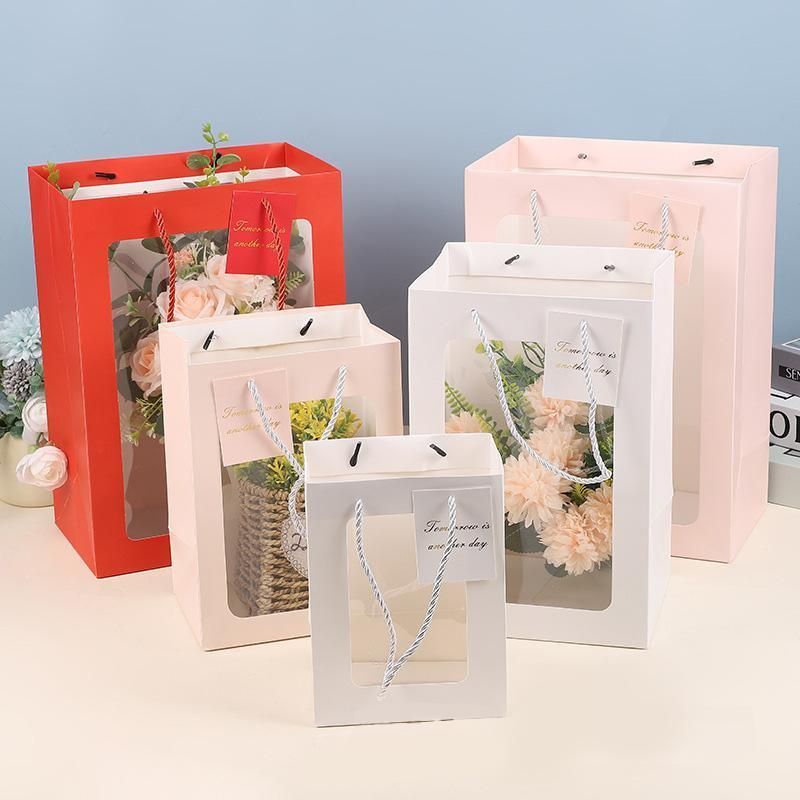 25x Thick Gift Bags with Transparent Window for Valentines Day Bouquets and Gift - Tote-Bag-25pcs-Pink-18-13-25cm
