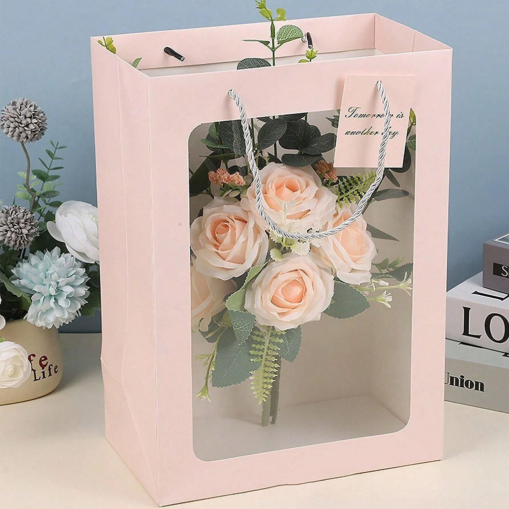 25x Thick Gift Bags with Transparent Window for Valentines Day Bouquets and Gift - Tote-Bag-25pcs-Pink-18-13-25cm