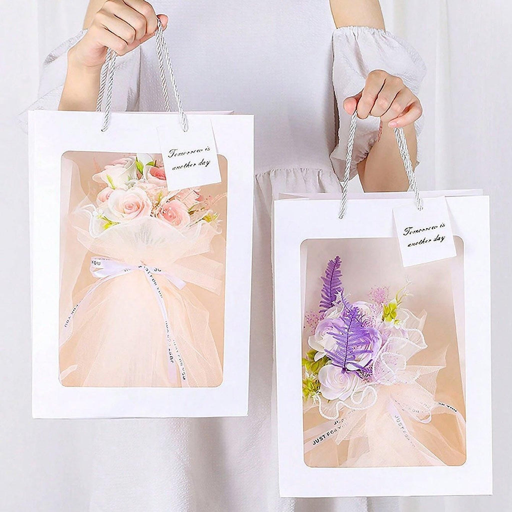 25x Thick Gift Bags with Transparent Window for Valentines Day Bouquets and Gift - Tote-Bag-25pcs-Pink-18-13-25cm