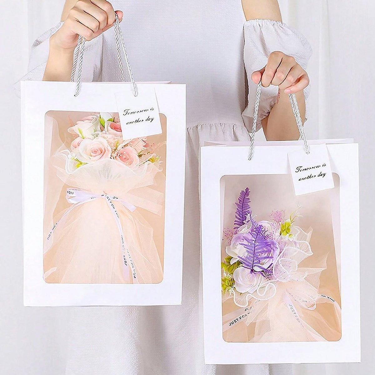 25x Thick Gift Bags with Transparent Window for Valentines Day Bouquets and Gift - Tote-Bag-25pcs-Pink-18-13-25cm