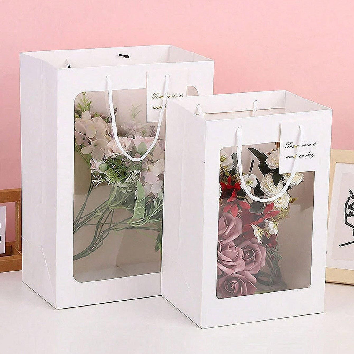 25x Thick Gift Bags with Transparent Window for Valentines Day Bouquets and Gift - Tote-Bag-25pcs-Pink-18-13-25cm